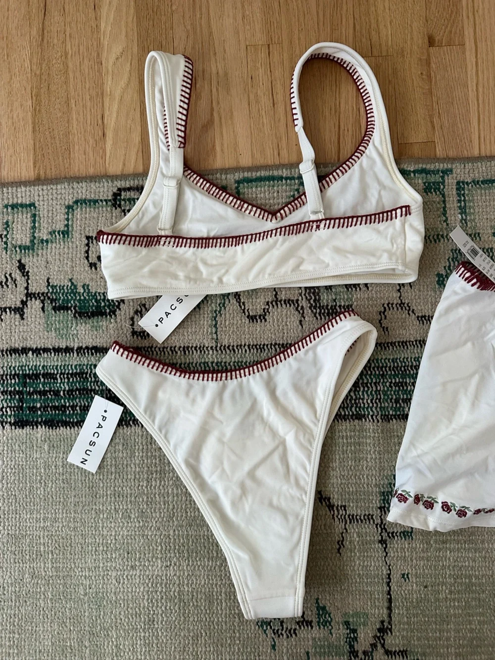 NWT PacSun Amor y Besos Off White Bikini Set with Skirt and Red Stitching - Picture 5 of 7